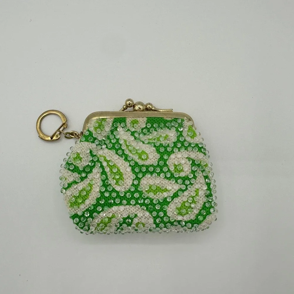Vintage Womens OS Triple Frame Beaded Coin Purse‎ Green Paisley Retro Kitsch